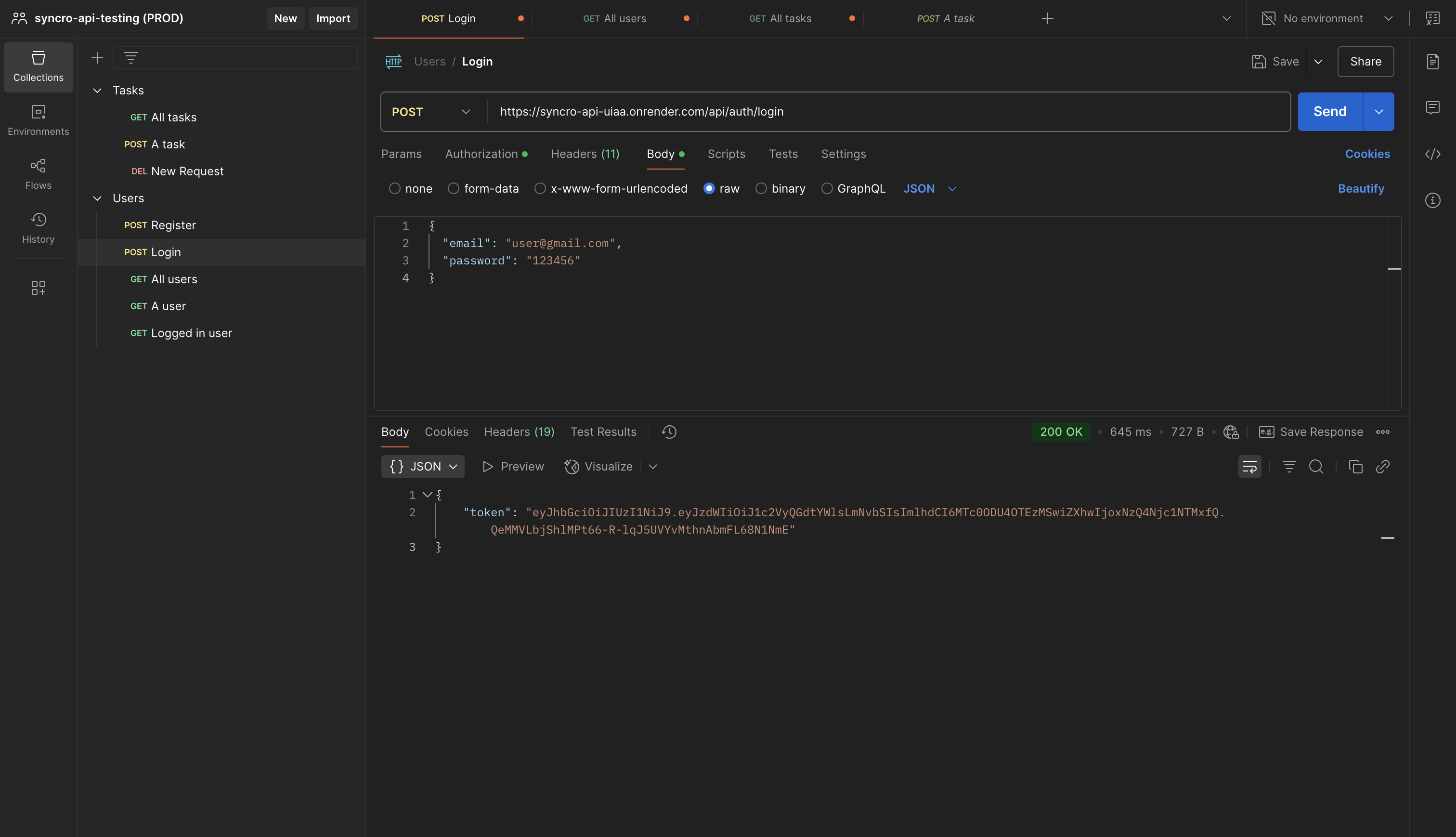 Login request (USER) returning JWT